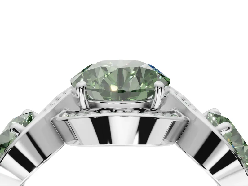 Round Three Stone Halo Engagement Ring Setting for a Fancy Green Lab-Grown Diamond | Pavé Wave Band | Sterling Silver