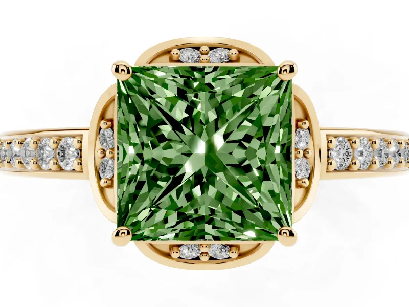 Princess Cut Floral Pavé Engagement Ring Setting for a Fancy Green Lab-Grown Diamond | Yellow Gold