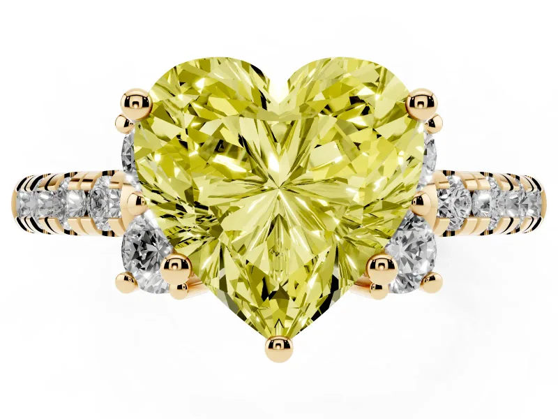 Heart-Shaped Side Stone Engagement Ring Setting for a Fancy Yellow Lab-Grown Diamond | Pave Band | Yellow Gold