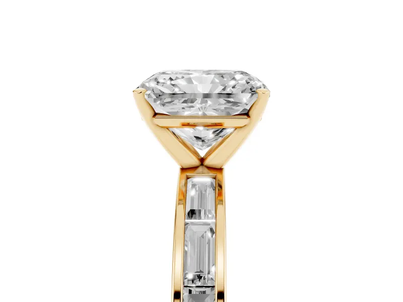 Radiant Cut Diamond Solitaire Ring Set in Yellow gold with Channel-Set Baguette Band and Prong Setting