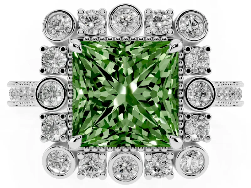 Fancy Green Princess Cut Diamond Halo Milgrain Pavé Ring Set in Silver with Prong Setting