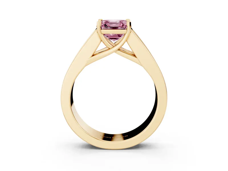 Fancy Pink Asscher Cut Diamond Solitaire Ring Set in Yellow gold with Channel-Set Accent Stones and Prong Setting