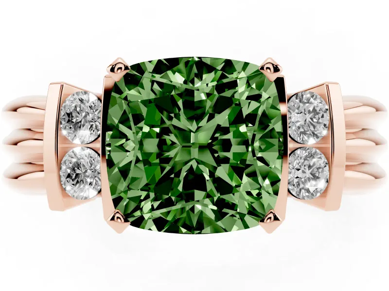 Fancy Green Three-Stone Cushion Cut Diamond Channel Set Ring Set in Rose gold with Bar Prongs