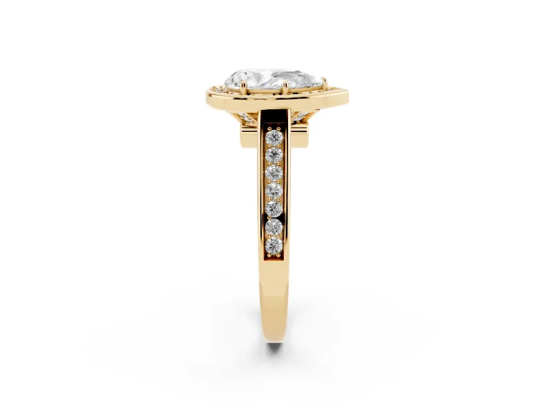 Pear Cut Diamond Halo Solitaire Ring Set in Yellow gold with Pavé Band and Bezel Setting