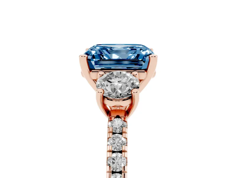 Asscher Cut Three Stone Engagement Ring Setting for a Fancy Blue Lab-Grown Diamond | Pave Shoulders | Rose Gold