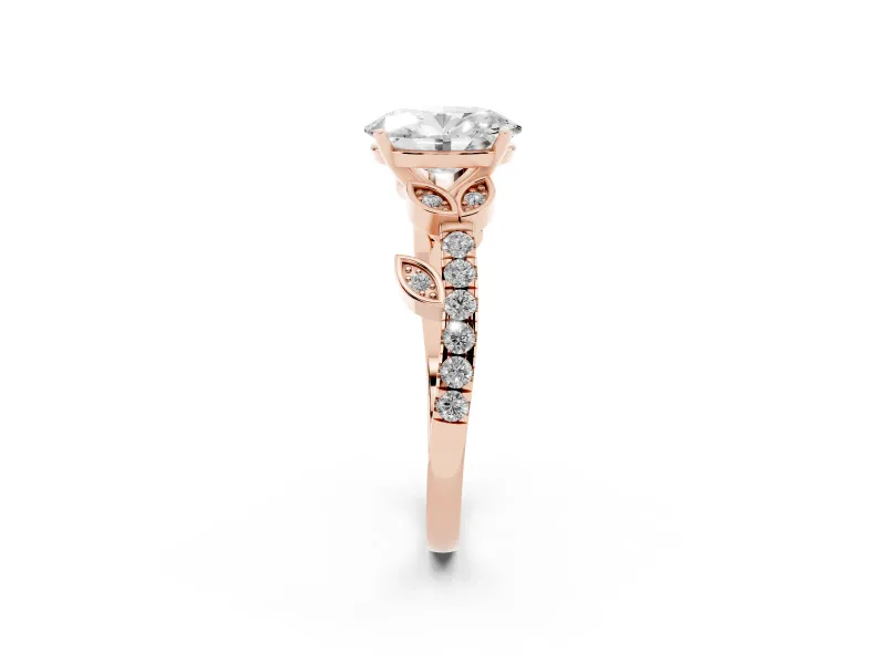 Oval Cut Diamond Solitaire Leaf-Inspired Ring Set in Rose gold with Pavé Band and Prong Setting