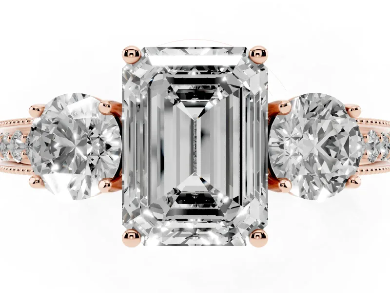 Emerald Cut Vintage Three Stone Engagement Ring Setting | Graduated Milgrain Pave | Rose Gold