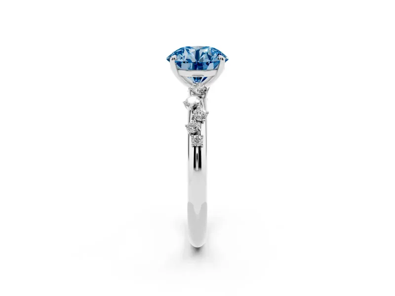Fancy Blue Round Cut Diamond Cluster Solitaire Ring Set in White gold with Prong Setting