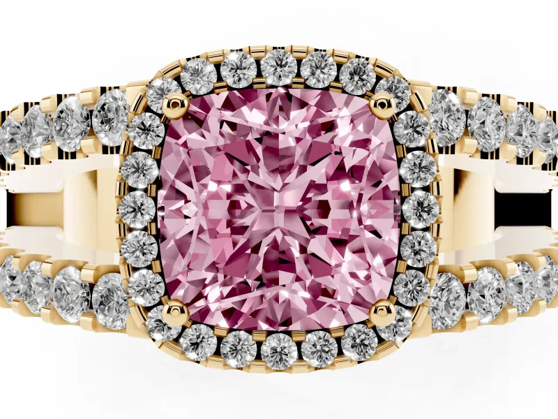 Fancy Pink Cushion Cut Diamond Halo Ring Set in Yellow gold with Pavé Split Shank and Prong Setting
