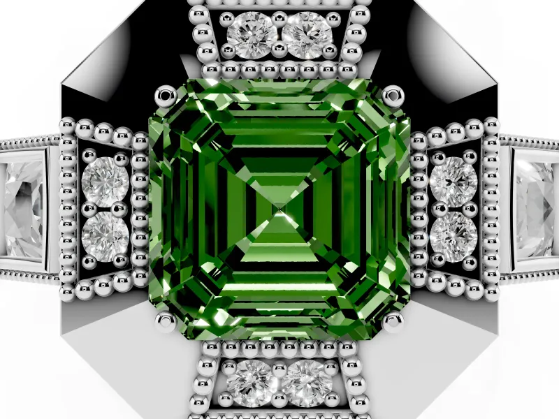 Fancy Green Asscher Cut Diamond Milgrain Halo Ring Set in Platinum with Split Shank