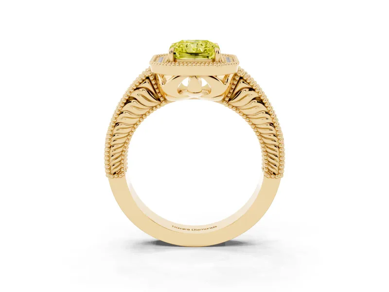 Fancy Yellow Radiant Cut Diamond Halo Ring Set in Yellow gold with Round Accent Halo, Pavé Band and Prong Setting