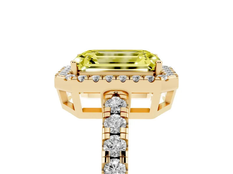 Fancy Yellow Emerald Cut Diamond Halo Ring Set in Yellow gold with Delicate Pavé Band and Prong Setting