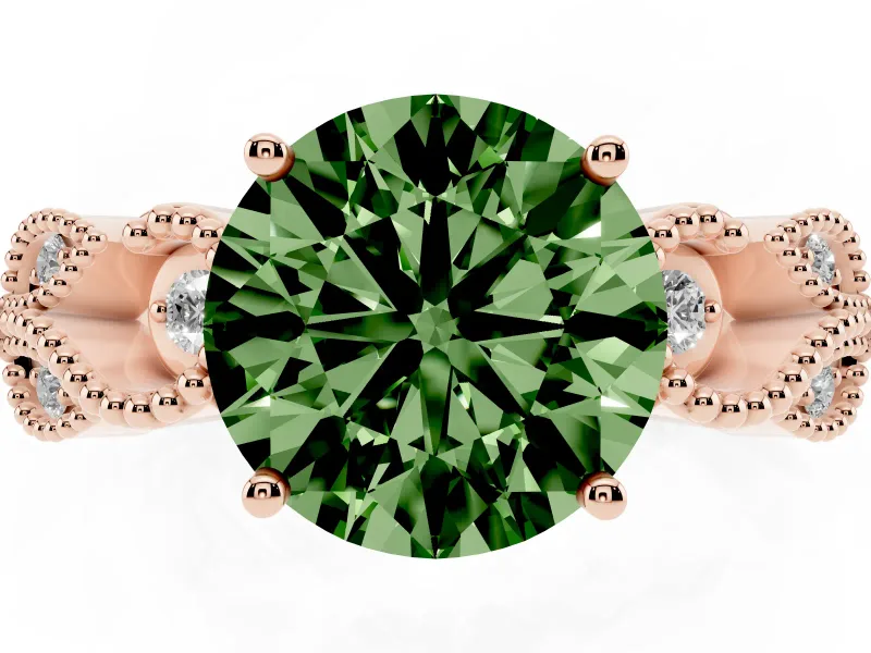 Fancy Green Round Cut Diamond Milgrain Leaf Band Solitaire Ring Set in Rose gold with Accent Stones and Prong Setting