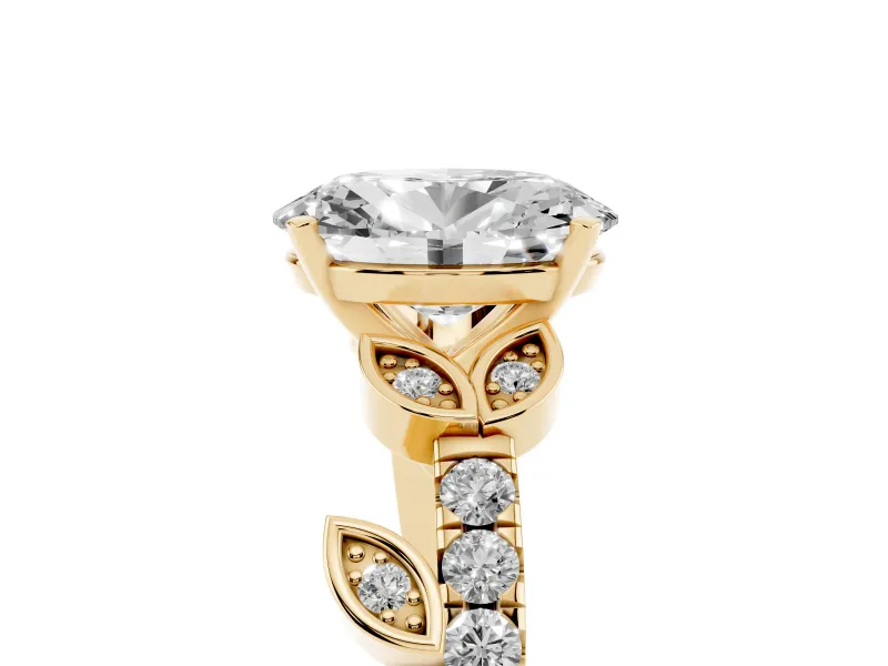 Oval Leaf Pavé Engagement Ring Setting | Leaf Motif Shoulders | Yellow Gold