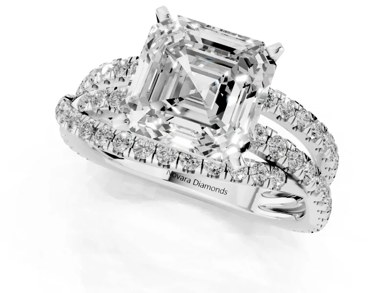 Asscher Cut Diamond Solitaire Twist Band Ring Set in White gold with Pavé Setting and Prong Head