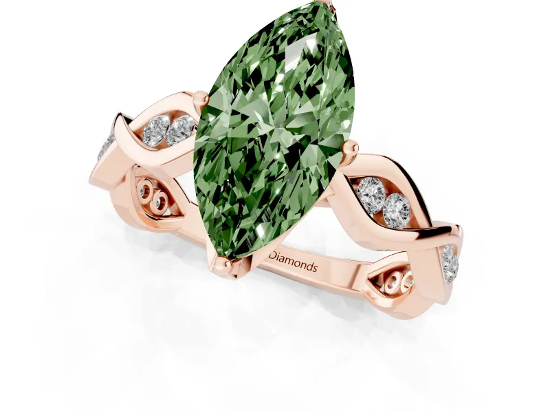 Fancy Green Marquise Cut Diamond Twist Band Solitaire Ring Set in Rose gold with Leaf Prong Setting and Accent Stones