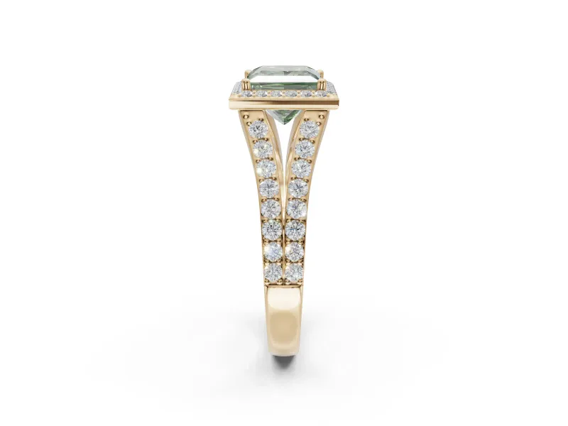Princess Cut Halo Pavé Engagement Ring Setting for a Fancy Green Lab-Grown Diamond | Narrow Split Shank | Yellow Gold