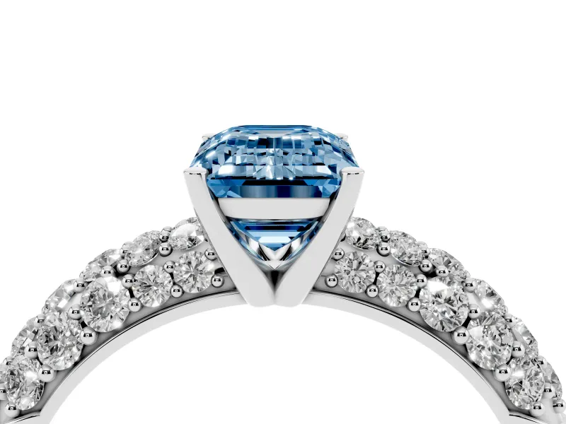 Emerald Cut Multi Row Pave Engagement Ring Setting for a Fancy Blue Lab-Grown Diamond | White Gold