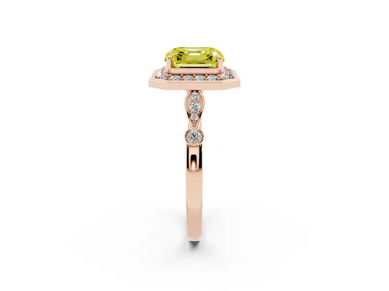Asscher Cut Halo Engagement Ring Setting for a Fancy Yellow Lab-Grown Diamond | Bezel Station Shoulders | Rose Gold