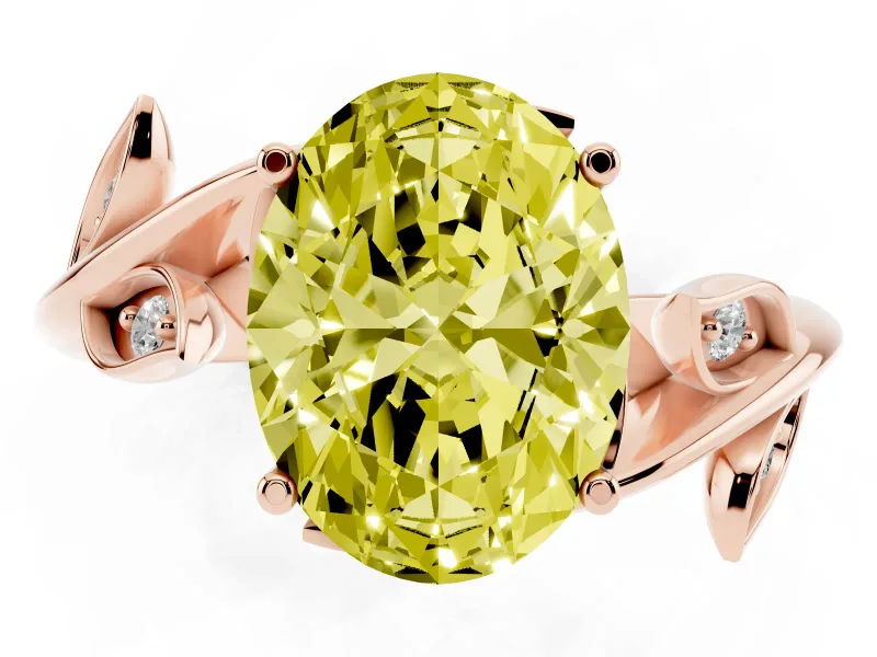 Fancy Yellow Oval Cut Diamond Solitaire Twist Engagement Ring Set in Rose gold with Pavé Leaf Accents