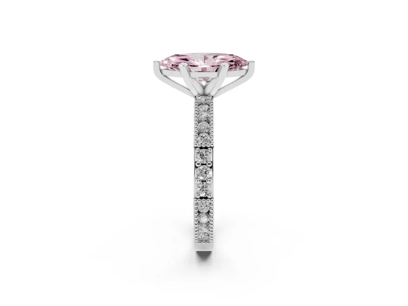 Fancy Pink Marquise Cut Diamond Solitaire Ring Set in Platinum with Slim Pavé Band and Prong Setting