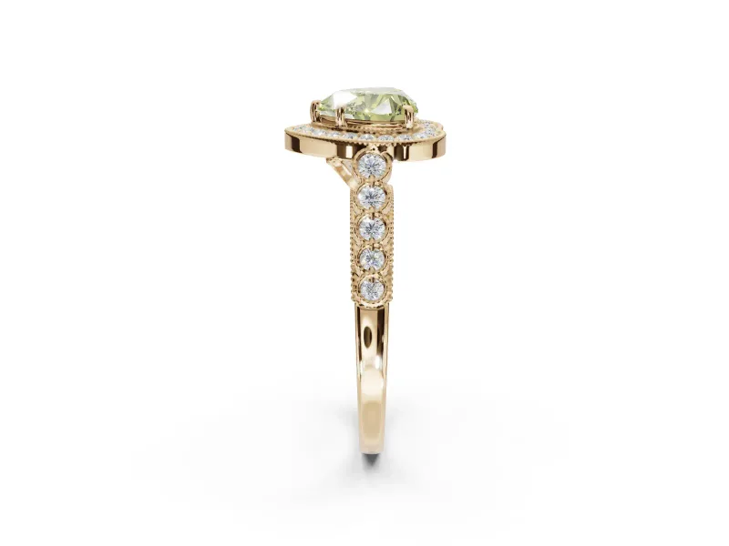 Canary Yellow Heart-Shaped Lab-Grown Diamond Milgrain Halo Solitaire Ring Set in Yellow Gold with Bezel Set Side Stones and Pavé Band
