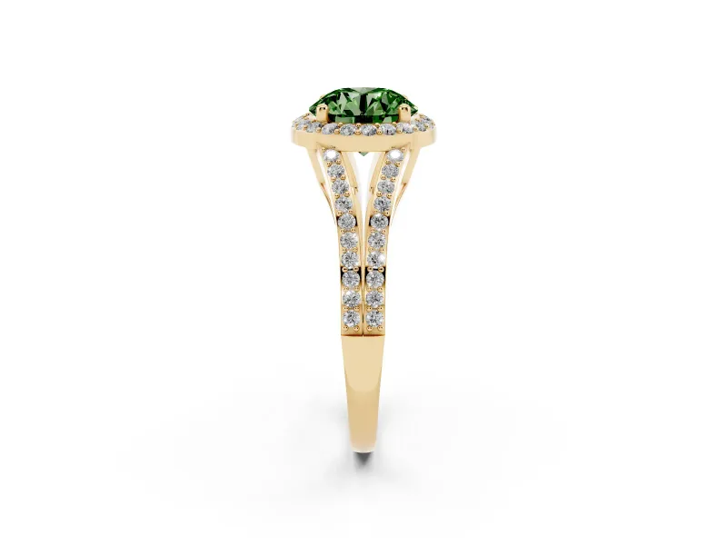 Round Halo Engagement Ring Setting for a Fancy Green Lab-Grown Diamond | Pave Split Shank | Yellow Gold