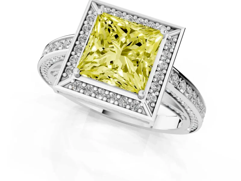 Fancy Yellow Princess Cut Diamond Halo Pavé Split Shank Ring Set in Platinum with Prong Setting