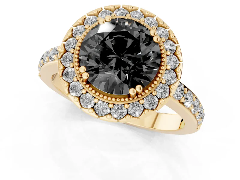 Round Milgrain Halo Engagement Ring Setting for a Black Center | Pavé Shoulders | Yellow Gold