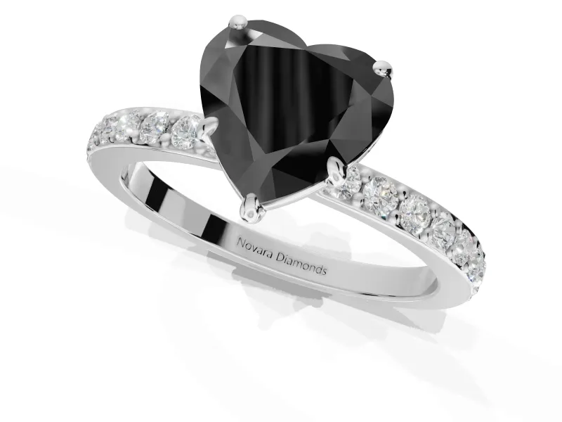 Heart-Shaped Hidden Halo Engagement Ring Setting for a Black Center | Pavé Band | White Gold