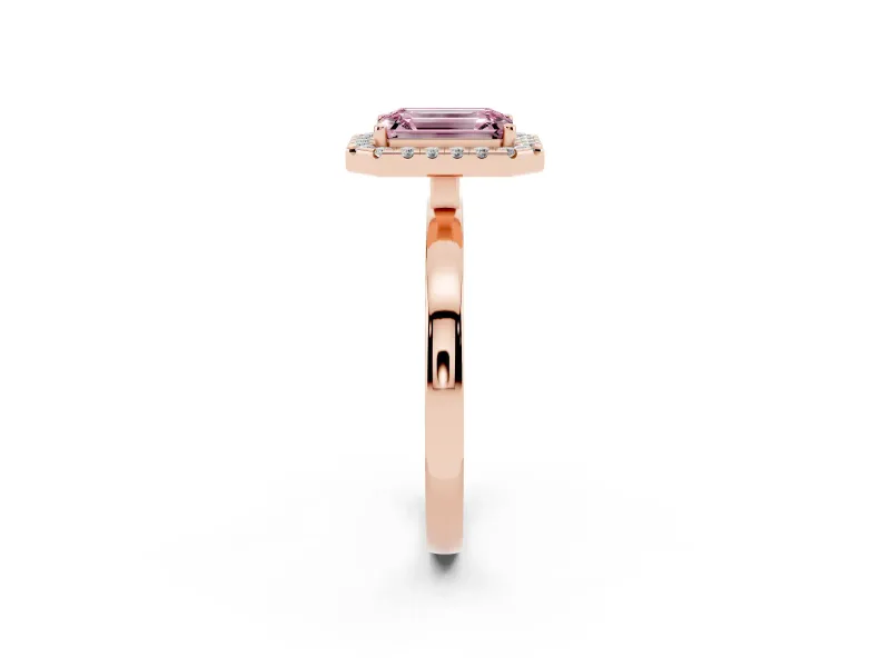 Fancy Pink Emerald Cut Diamond Halo Solitaire Ring Set in Rose gold with Pavé Band and Prong Setting