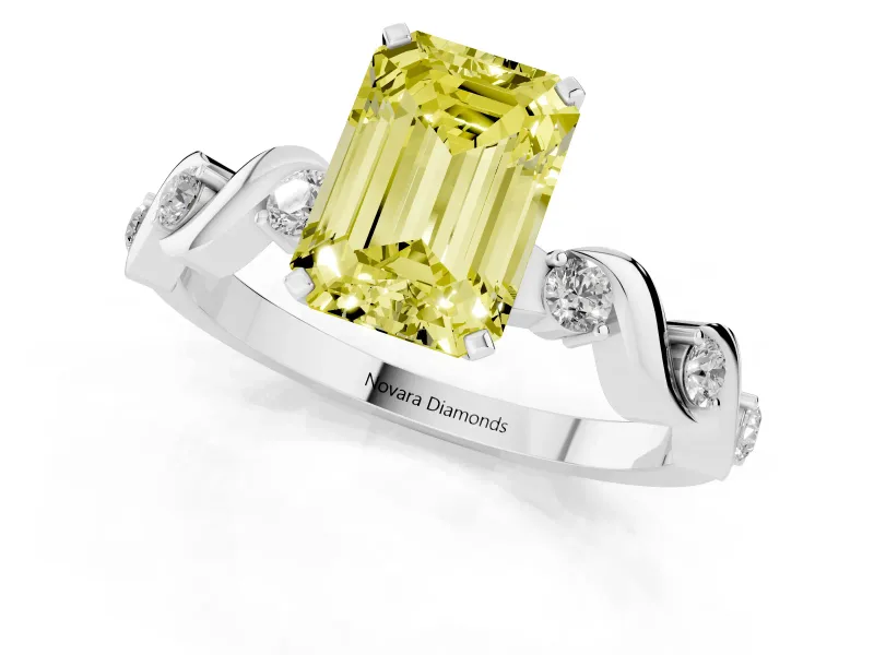 Fancy Yellow Emerald Cut Diamond Solitaire Ring Set in Platinum with Ribbon Twist Band, Round Accents and Prong Setting