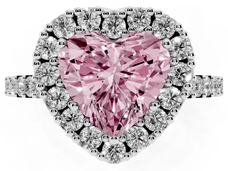 Fancy Pink Heart Cut Diamond Halo Pavé Solitaire Ring Set in Platinum with Prong-Set Center Stone