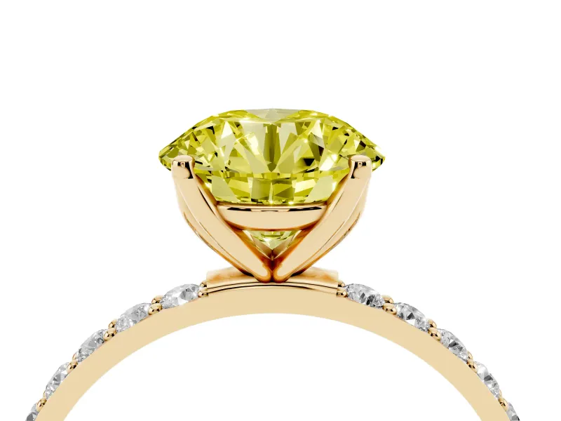 Round Pave Engagement Ring Setting for a Fancy Yellow Lab-Grown Diamond | Slim Band | Yellow Gold