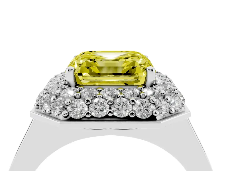 Fancy Yellow Asscher Cut Diamond Halo Engagement Ring Set in Platinum with Solitaire Band and Prong Setting