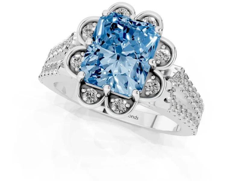 Radiant Cut Floral Halo Engagement Ring Setting for a Fancy Blue Lab-Grown Diamond | Pavé Split Shank | White Gold