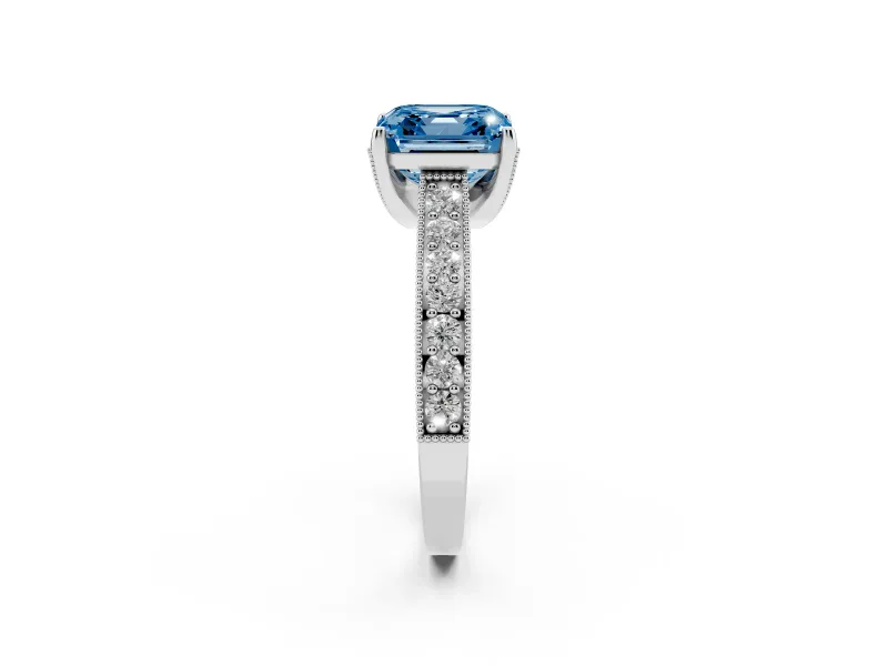 Asscher Cut Hidden Halo Engagement Ring Setting for a Fancy Blue Lab-Grown Diamond | Milgrain Pave | Platinum
