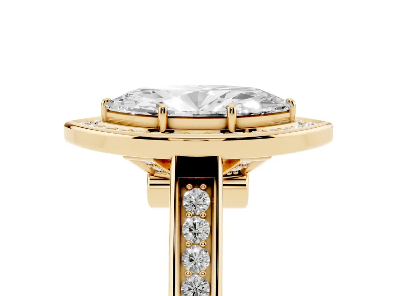 Marquise Cut Diamond Halo Solitaire Ring Set in Yellow gold with Pavé Band and Bezel Setting