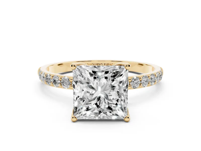 Princess Cut Diamond Solitaire Engagement Ring Set in Yellow gold with Round Pavé Band and Prong Setting
