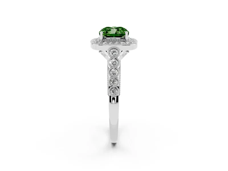 Cushion Cut Graduated Milgrain Halo Engagement Ring Setting for a Fancy Green Lab-Grown Diamond | Platinum