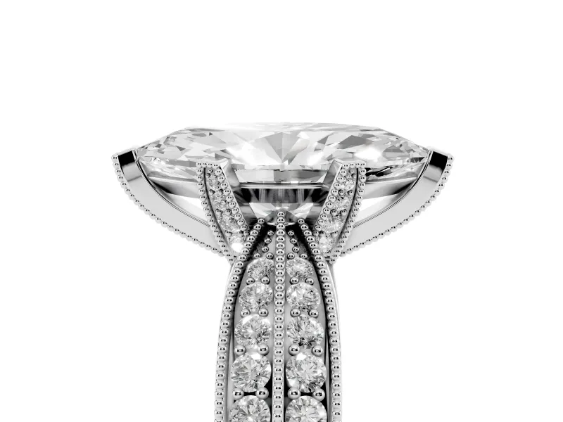 Marquise Cut Diamond Solitaire Ring Set in Silver with Milgrain Double Row Round Pavé Band