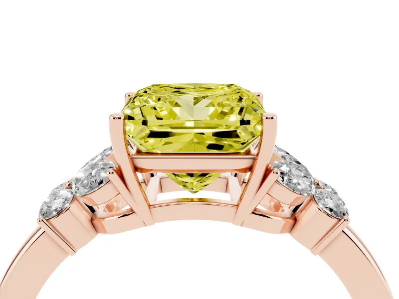 Fancy Yellow Princess Cut Diamond Solitaire Floral Ring Set in Rose gold with Marquise Petals and Prong Setting