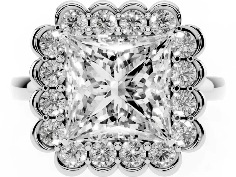 Princess Cut Scalloped Cluster Halo Engagement Ring Setting | Plain Band | Platinum