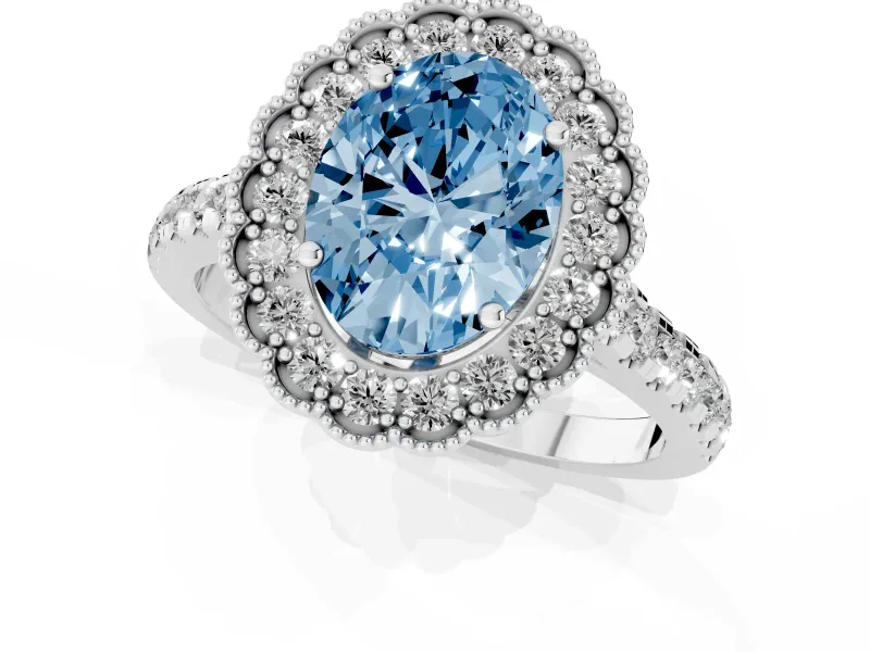 Fancy Blue Oval Cut Diamond Milgrain Floral Halo Engagement Ring Set in Silver with Pavé Band