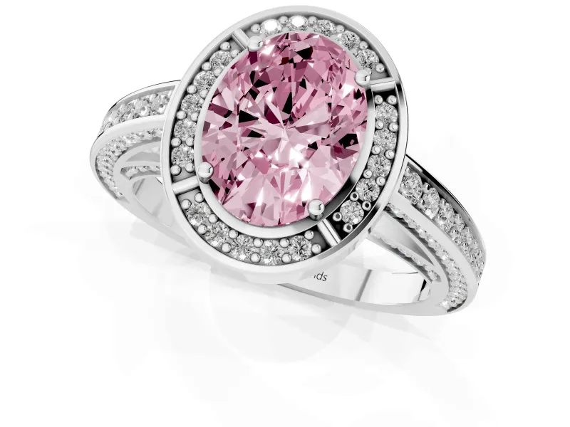 Fancy Pink Oval Cut Diamond Halo Pavé Split Shank Ring Set in Silver with Prong Setting