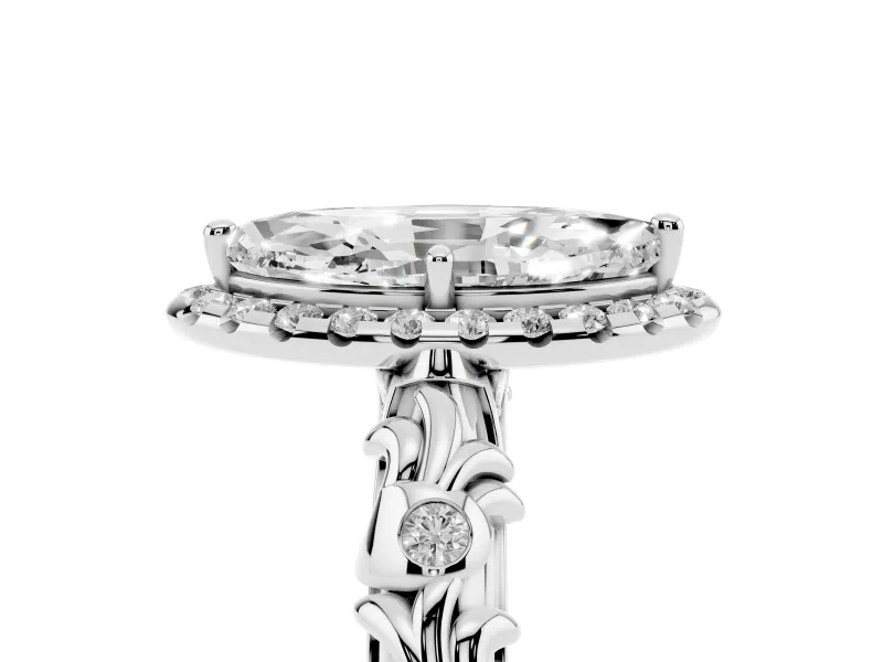 Marquise Filigree Leaf Halo Engagement Ring Setting | Bezel Leaf Accents | Sterling Silver