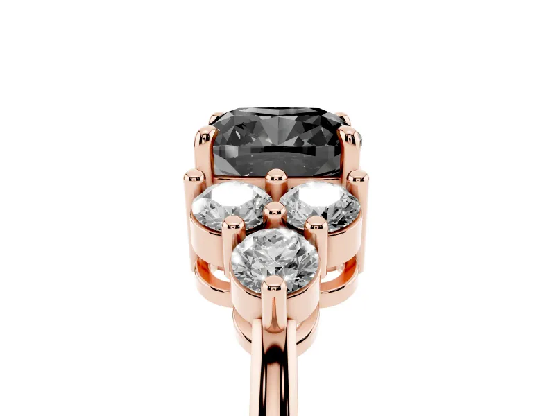 Fancy Black Cushion Cut Diamond Solitaire Ring Set in Rose gold with Cluster Accents on Each Side