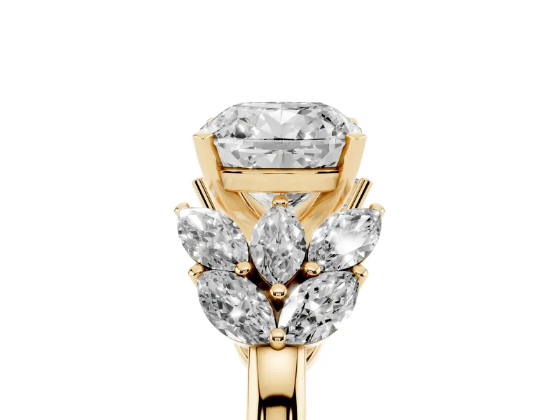 Cushion Cut Diamond Cluster Leaf Design Ring Set in Yellow gold with Prong Setting