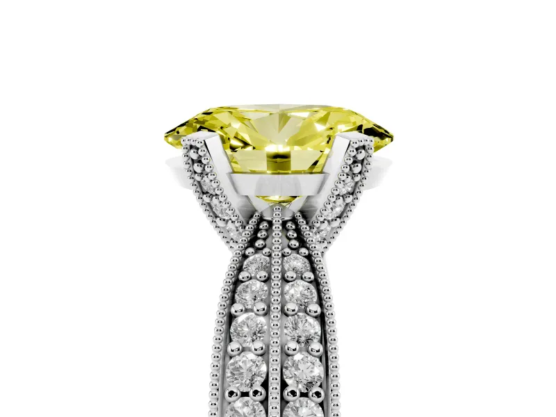Fancy Yellow Oval Cut Diamond Solitaire Ring Set in White gold with Milgrain Double Row Round Pavé Band