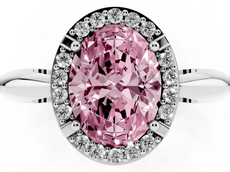 Fancy Pink Oval Cut Diamond Halo Engagement Ring Set in Platinum with Plain Split Shank and Prong Setting